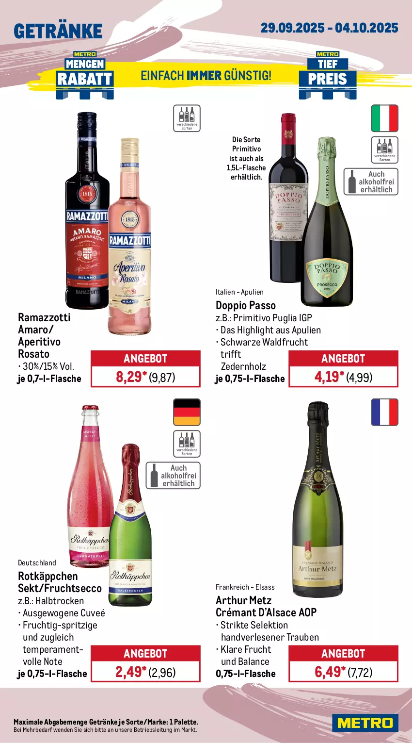 Aktueller Prospekt Metro - Wochen-Angebote - von 29.09 bis 04.10.2025 - strona 15 - produkty: Alwa, amaro, angebot, aperitivo rosato, bacardi, bacardi rum, bügel, bügelflasche, burger, doppio passo, ecco, eis, flasche, flensburger, frucht, fruchtsecco, gerolsteine, gerolsteiner, getränk, getränke, Holz, mineralwasser, Palette, passo, Peroni, pils, pilsener, primitivo, rama, ramazzott, ramazzotti, reis, rosato, rotkäppchen, rum, sac, sekt, steiner, Ti, trauben, wasser, zott