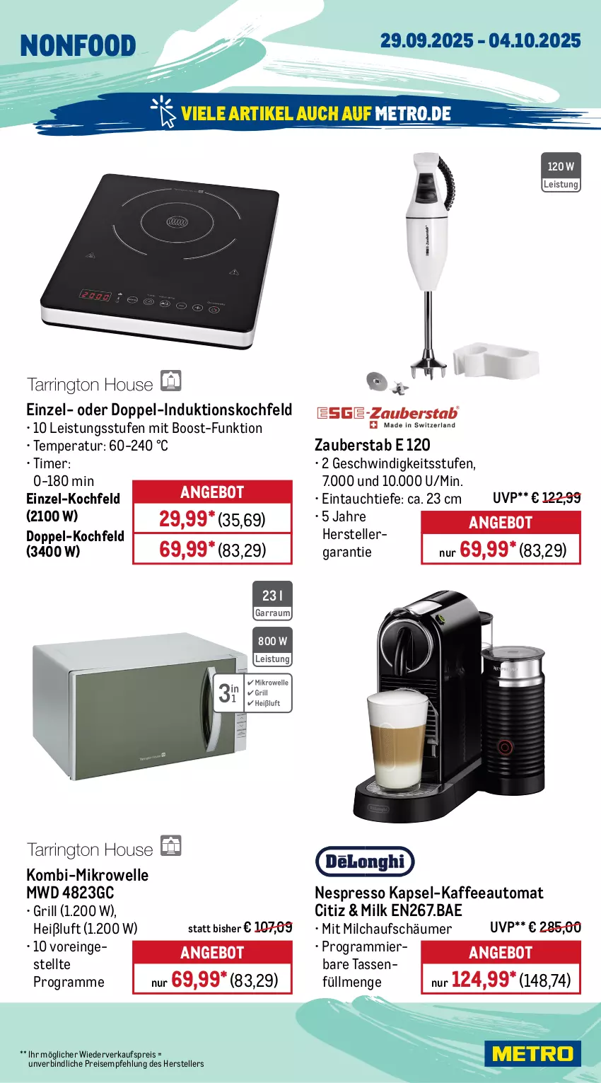 Aktueller Prospekt Metro - Wochen-Angebote - von 29.09 bis 04.10.2025 - strona 19 - produkty: angebot, auer, auto, eis, elle, espresso, garraum, grill, induktionskochfeld, kaffee, kaffeeautomat, kochfeld, Metro, mikrowelle, milch, milchaufschäumer, nespresso, reis, senf, tasse, teller, Ti, timer, Trockner, wärmepumpentrockner, wolle