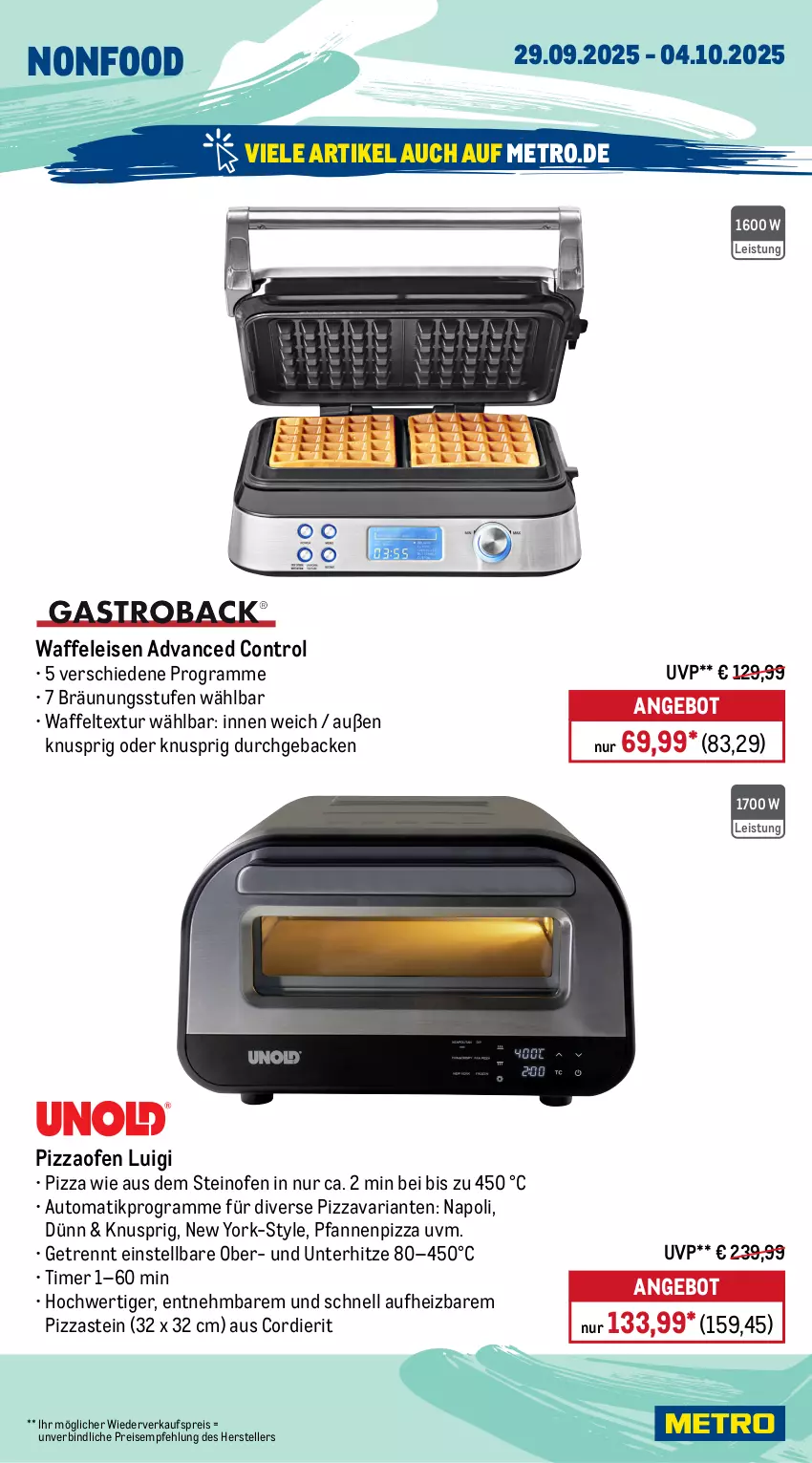 Aktueller Prospekt Metro - Wochen-Angebote - von 29.09 bis 04.10.2025 - strona 20 - produkty: angebot, auto, drink, eis, elle, geback, gefrierfach, geschirr, gin, Gläser, LG, Metro, mikrowelle, Ofen, pfanne, pfannen, pizza, Pizzaofen, reis, Ria, saft, spülmaschinen, steinofen, teller, Ti, timer, Waffeleisen, Yo