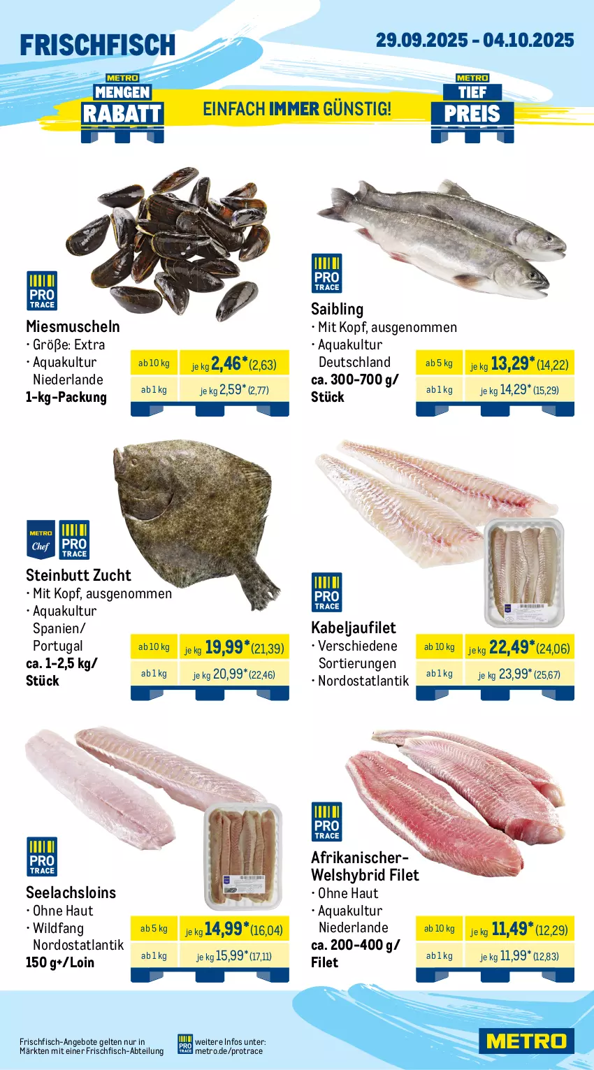 Aktueller Prospekt Metro - Wochen-Angebote - von 29.09 bis 04.10.2025 - strona 5 - produkty: Abtei, angebot, angebote, aqua, axe, bsf, decke, Deckel, eis, filet, fisch, fleisch, frischfisch, Haxe, kabeljaufilet, Kette, lachs, Metro, Muscheln, rwe, Saibling, steak, steakhüfte, Ti, Wels, Wild