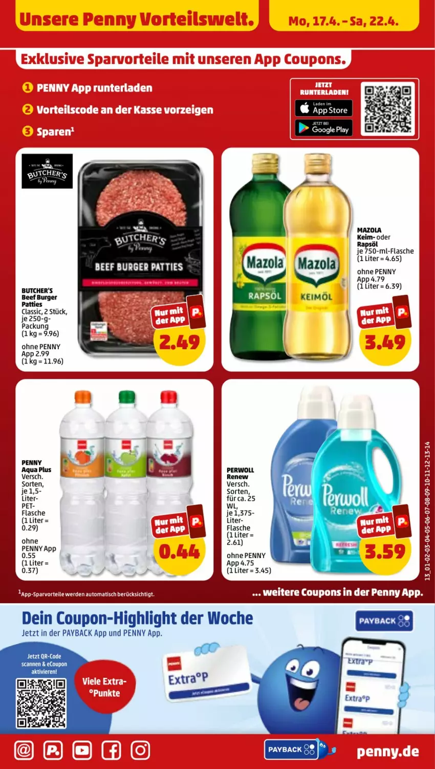 Aktueller Prospekt Penny - Prospekte - von 17.04 bis 22.04.2023 - strona 13 - produkty: aqua, auto, beef, burger, butcher's, coupon, coupons, erde, flasche, mazola, payback, perwoll, rapsöl, Ti, tisch