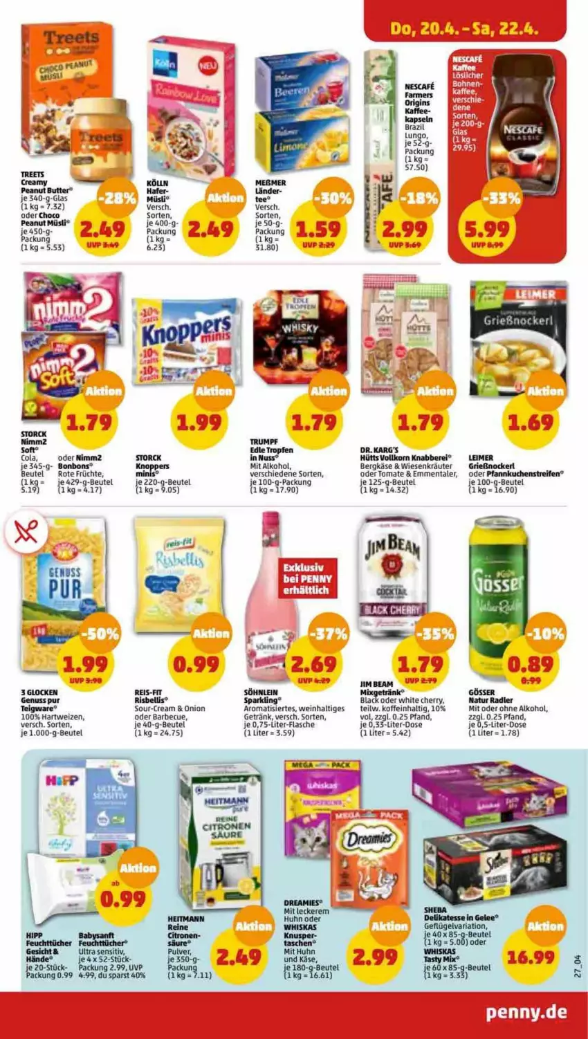 Aktueller Prospekt Penny - Prospekte - von 17.04 bis 22.04.2023 - strona 27 - produkty: alkohol, barbecue, Bergkäse, beutel, bonbons, butter, cola, eimer, eis, elle, emmentaler, flasche, früchte, getränk, gin, gösser, hartweizen, Käse, korn, kräuter, kuchen, lack, leimer, lungo, Mixgetränk, müsli, natur, natur radler, nimm2, nuss, ohne alkohol, peanut butter, Pfannkuchen, radler, reifen, reis, reis-fit, Ria, rum, storck, Ti, tomate, wein