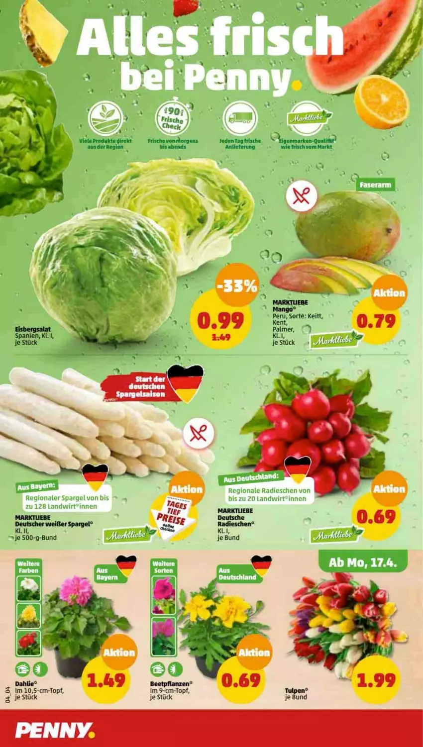 Aktueller Prospekt Penny - Prospekte - von 17.04 bis 22.04.2023 - strona 4 - produkty: akku, beetpflanzen, dahlie, ente, im 9-cm-topf, mango, pflanze, pflanzen, radieschen, spargel, topf