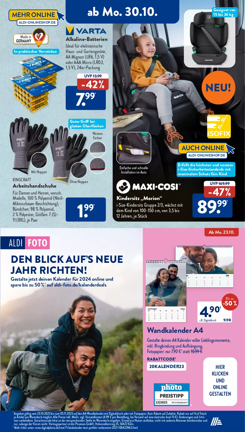 Aktueller Prospekt AldiSud - NÄCHSTE WOCHE - von 30.10 bis 04.11.2023 - strona 20 - produkty: aldi, angebot, auto, batterie, batterien, dell, eis, Elektro, elle, ente, erde, Fotokalender, Garten, gutschein, handschuhe, Kinder, Kindersitz, korb, latte, Mode, ndk, papier, reis, ring, schuhe, Ti, tisch, Wandkalender