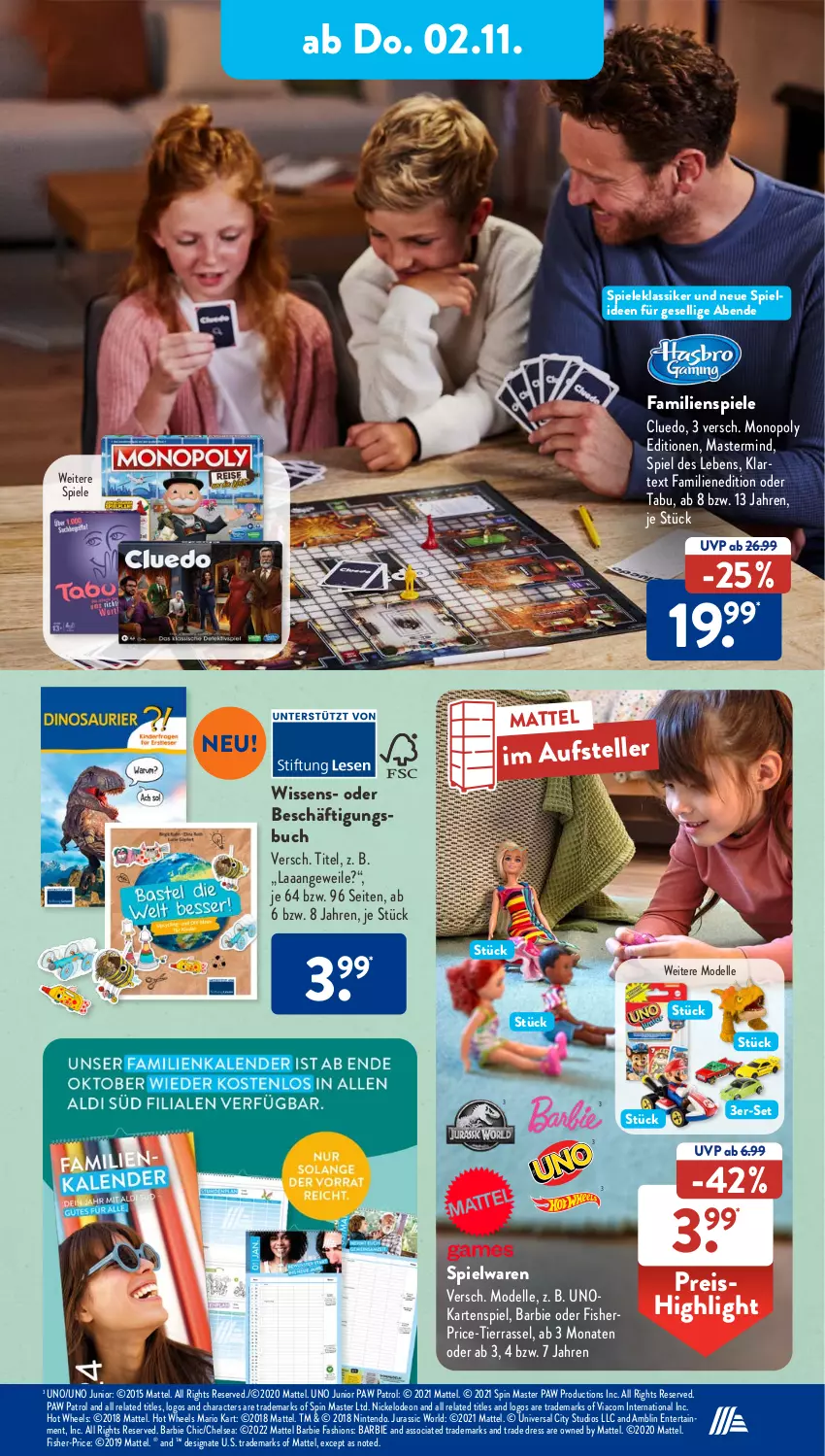 Aktueller Prospekt AldiSud - NÄCHSTE WOCHE - von 30.10 bis 04.11.2023 - strona 24 - produkty: Barbie, buch, dell, deo, eis, elle, ente, Familienspiel, Hot Wheels, Jura, Kartenspiel, Mattel, Mode, nintendo, Paw Patrol, reis, rel, Spiele, spielwaren, teller, Ti