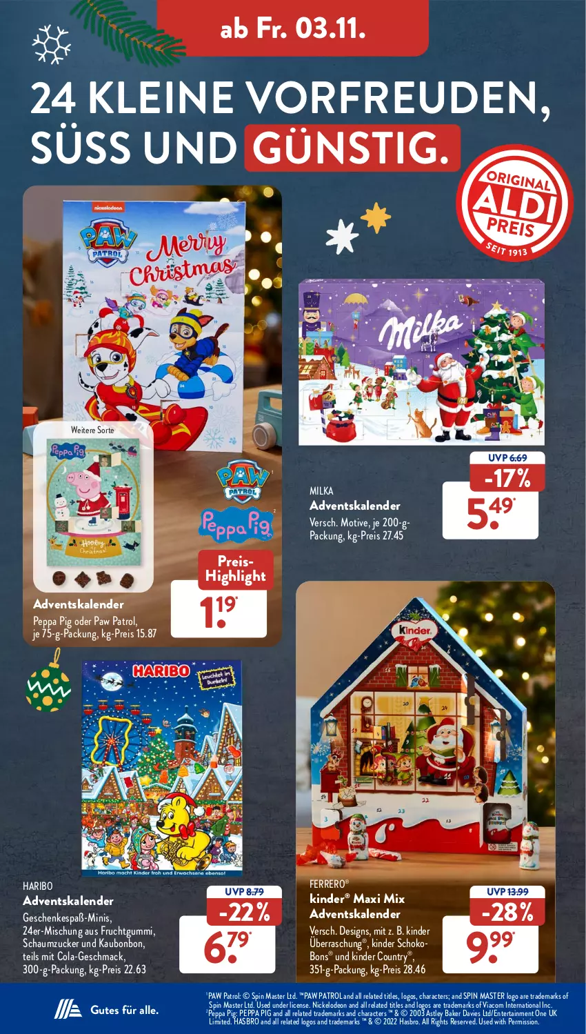 Aktueller Prospekt AldiSud - NÄCHSTE WOCHE - von 30.10 bis 04.11.2023 - strona 35 - produkty: Adventskalender, cola, deo, eis, ente, ferrero, frucht, fruchtgummi, haribo, Hasbro, Kinder, kinder country, Kinder Schokobons, leine, mac, milka, Paw Patrol, Peppa Pig, reis, rel, Schaumzucker, schoko, Ti, zucker