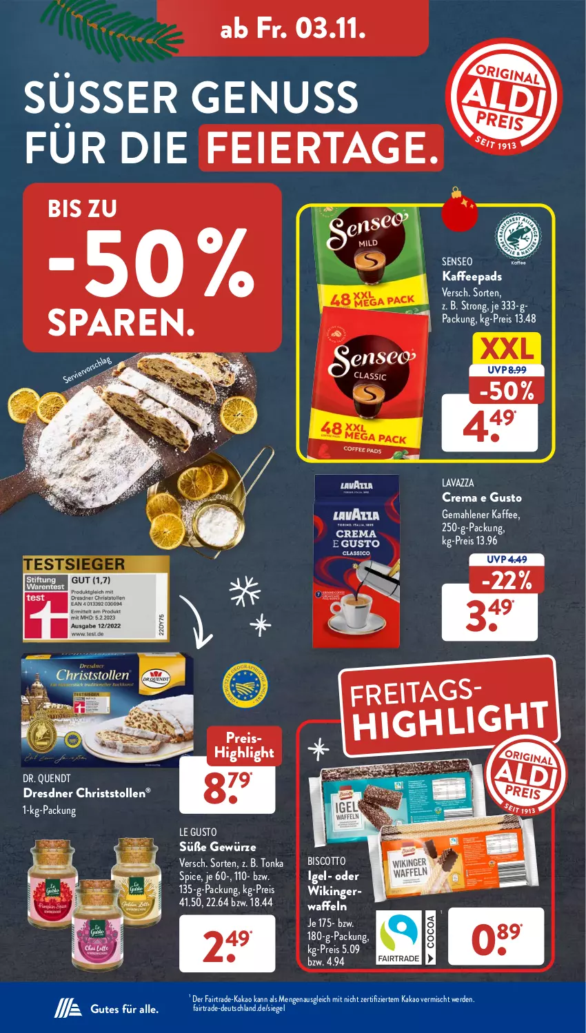 Aktueller Prospekt AldiSud - NÄCHSTE WOCHE - von 30.10 bis 04.11.2023 - strona 37 - produkty: biscotto, eier, eis, erde, gewürz, kaffee, kaffeepads, kakao, lavazza, nuss, reis, senseo, Stollen, Ti, waffeln