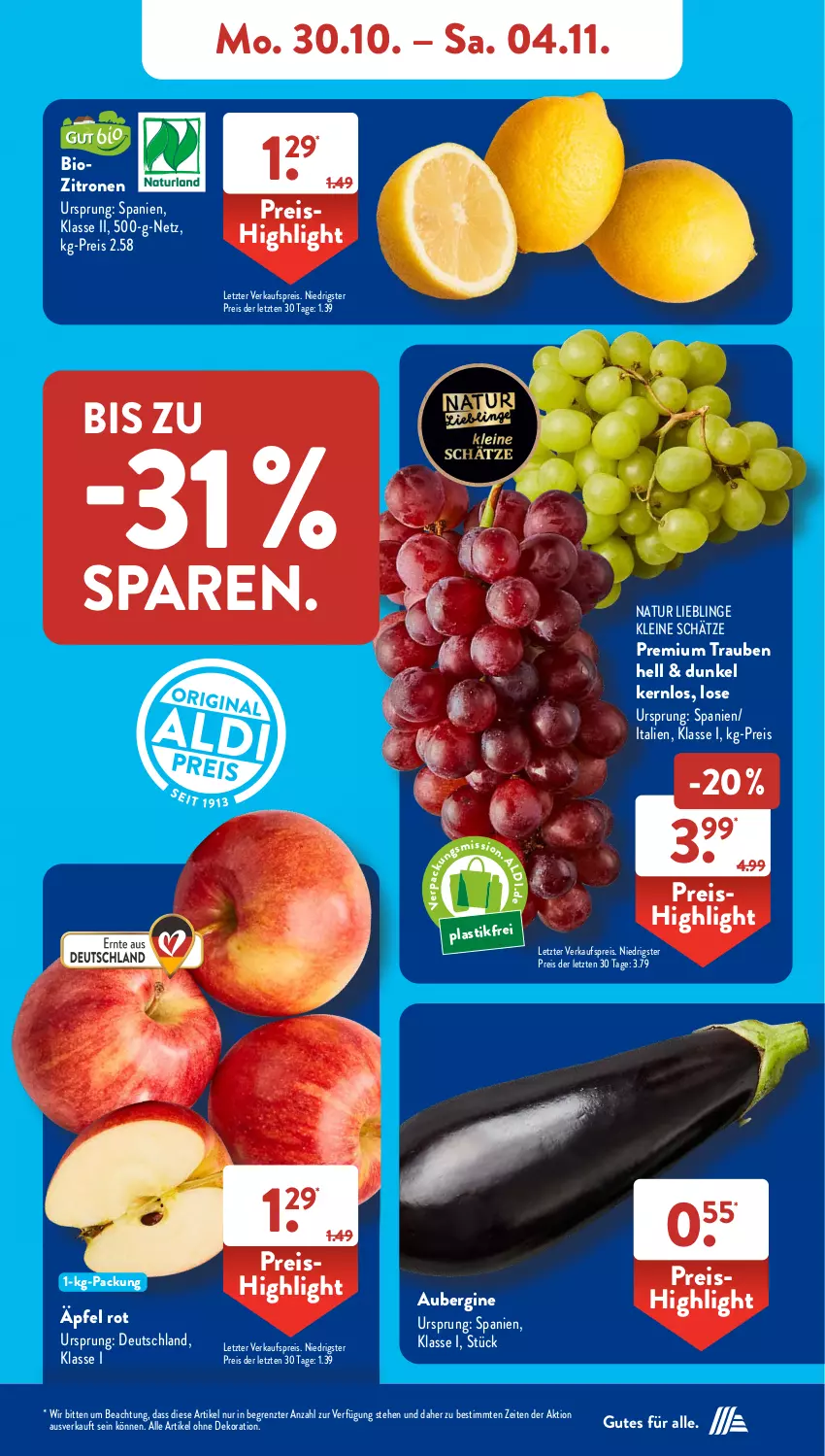 Aktueller Prospekt AldiSud - NÄCHSTE WOCHE - von 30.10 bis 04.11.2023 - strona 5 - produkty: alle artikel ohne dekoration, asti, aubergine, bio, dekoration, eis, gin, leine, natur, reis, Ti, trauben, zitrone, zitronen, ZTE