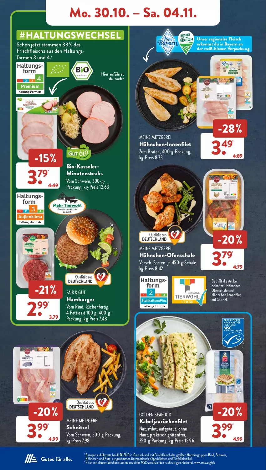 Aktueller Prospekt AldiSud - NÄCHSTE WOCHE - von 30.10 bis 04.11.2023 - strona 6 - produkty: aldi, bio, braten, burger, eis, filet, fisch, fische, Fischer, fleisch, gsw, hamburger, kasseler, küche, Küchen, minutensteaks, natur, Ofen, pute, reis, rind, Schal, Schale, Schere, schnitzel, schwein, Spezi, steak, steaks, Ti, tisch, wein