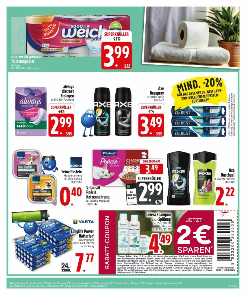 Aktueller Prospekt Edeka - Prospekte - von 10.03 bis 17.03.2025 - strona 25 - produkty: Alwa, Always, axe, batterie, batterien, body, body lotion, coupon, creme, deka, Discreet, duschgel, flasche, gin, hundenahrung, katzennahrung, lavera, Lotion, pastete, rabatt-coupon, Rana, Schal, Schale, Ti