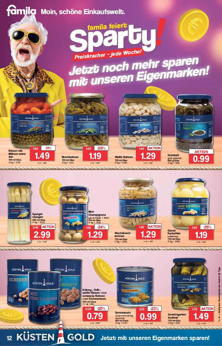 Aktueller Prospekt Famila - Prospekte - von 02.01 bis 06.01.2024 - strona 12 - produkty: bohne, bohnen, champignon, champignons, chili, eis, erbsen, gewürz, Gewürzgurke, gewürzgurken, gurke, gurken, kartoffel, kartoffeln, kichererbsen, kidney, kracher, mais, möhren, natur, reis, spargel, Ti, Weiße Bohnen, ZTE