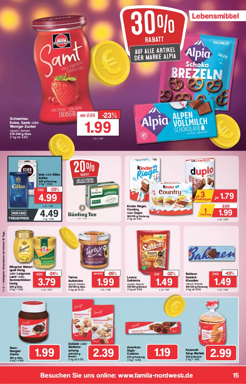 Aktueller Prospekt Famila - Prospekte - von 02.01 bis 06.01.2024 - strona 15 - produkty: alpia, aufstrich, bahlsen, beutel, bihophar, Blüte, blütenhonig, cookie, cookies, creme, duplo, eis, honig, kaffee, karamell, Kinder, kinder riegel, langnese, lebensmittel, lorenz, Nougatcreme, nuss, reis, riegel, saltletts, Schwartau, sirup, Ti, waffeln, ZTE, zucker