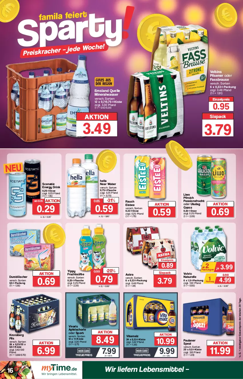 Aktueller Prospekt Famila - Prospekte - von 02.01 bis 06.01.2024 - strona 16 - produkty: Alwa, apfel, Apfelschorle, Astra, brause, drink, durstlöscher, eis, eistee, elle, energy drink, fassbrause, flasche, frucht, fruchtsäfte, hella, lebensmittel, malz, mineralwasser, natur, passionsfrucht, Paula, paulaner, pfirsich, pils, pilsener, Rauch, reis, rel, säfte, schorle, Spezi, Sport, tee, Ti, veltins, veltins pilsener, vita, vitamalz, Vivaris, volvic, wasser, ZTE