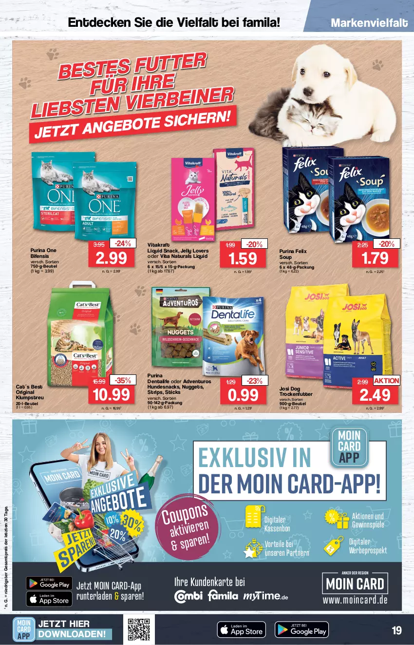 Aktueller Prospekt Famila - Prospekte - von 02.01 bis 06.01.2024 - strona 19 - produkty: adventuros, beutel, decke, eis, felix, gewinnspiel, gin, hundesnack, hundesnacks, klumpstreu, kraft, natur, natura, nuggets, purina, reis, snack, snacks, Spiele, Ti, trockenfutter, vita, vitakraft, ZTE