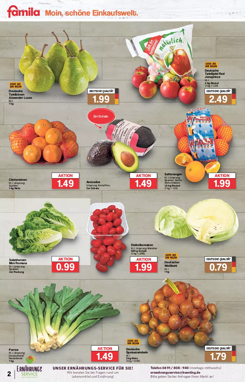 Aktueller Prospekt Famila - Prospekte - von 02.01 bis 06.01.2024 - strona 2 - produkty: alexa, avocado, avocados, beutel, Birnen, clementinen, datteltomaten, eis, lebensmittel, orange, orangen, saft, Saftorangen, salat, salatherzen, Schal, Schale, Speisezwiebeln, tafeläpfel, tafelbirnen, telefon, Ti, tomate, tomaten, Weißkohl, zwiebel, zwiebeln