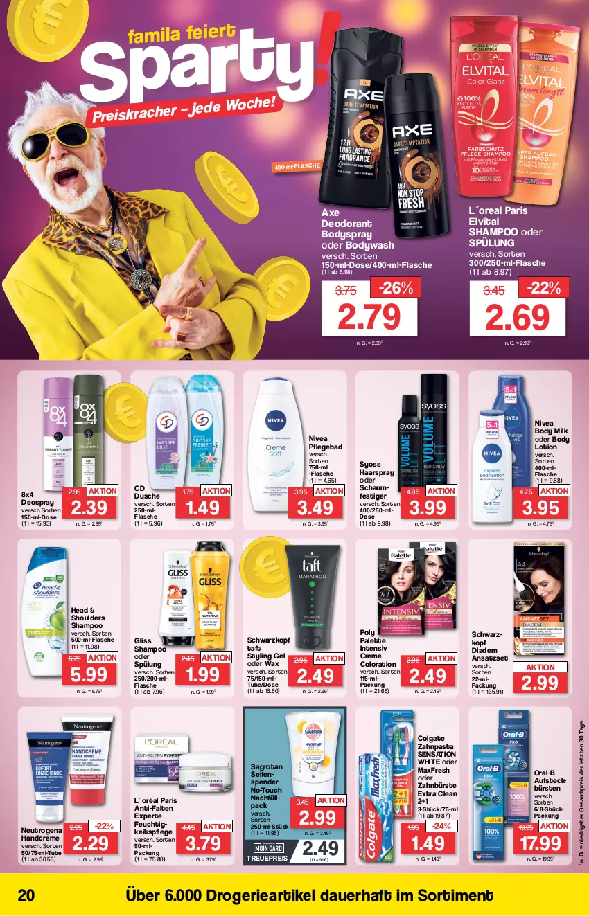 Aktueller Prospekt Famila - Prospekte - von 02.01 bis 06.01.2024 - strona 20 - produkty: anti-falten experte, auer, aufsteckbürsten, axe, Bad, body, body lotion, body milk, bodyspray, bürste, bürsten, colgate, creme, deo, deodorant, deospray, diadem, dusche, eis, elvital, flasche, gliss, haarspray, handcreme, L´Oréal, LG, Lotion, neutrogena, nivea, oral-b, Palette, pasta, reis, sagrotan, schwarzkop, schwarzkopf, Seife, seifenspender, shampoo, shampoo oder spülung, spülung, Styling Gel, syoss, Taft, Ti, vita, Yo, zahnbürste, zahnpasta, ZTE