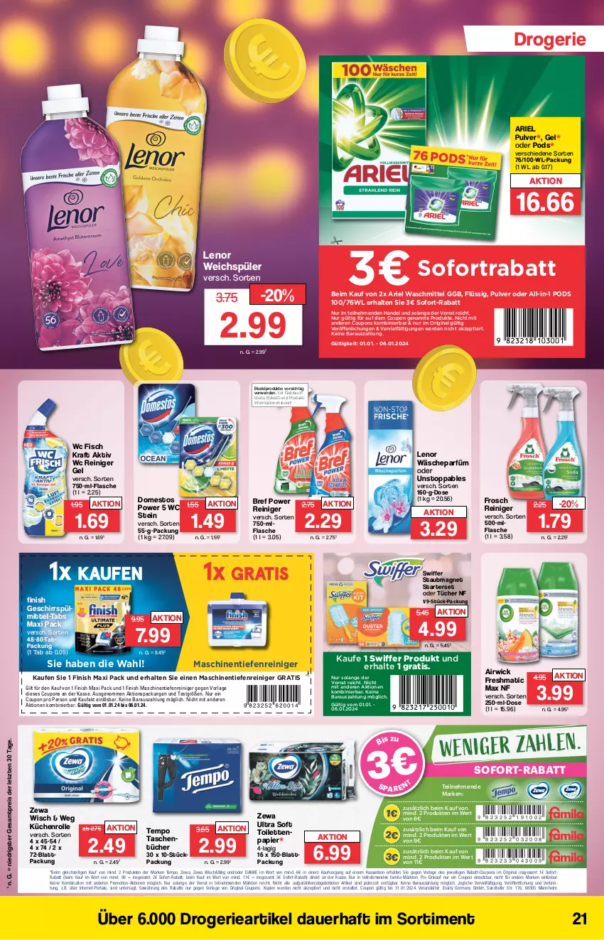 Aktueller Prospekt Famila - Prospekte - von 02.01 bis 06.01.2024 - strona 21 - produkty: airwick, ariel, ariel waschmittel, auer, bio, biozidprodukte, Bref, bref power, Brei, coupon, coupons, domestos, eis, erde, Finish, fisch, flasche, Frosch, Germ, geschirr, geschirrspülmittel, gin, kraft, küche, Küchen, küchenrolle, lenor, lenor weichspüler, papier, Pods, rabatt-coupon, Rauch, reiniger, reiniger gel, reis, rwe, sofort-rabatt, sofortrabatt, spülmittel, staubmagnet, swiffer, Tasche, taschen, Tempo, Ti, tücher, wäscheparfüm, waschmittel, weichspüler, WICK, zewa, ZTE