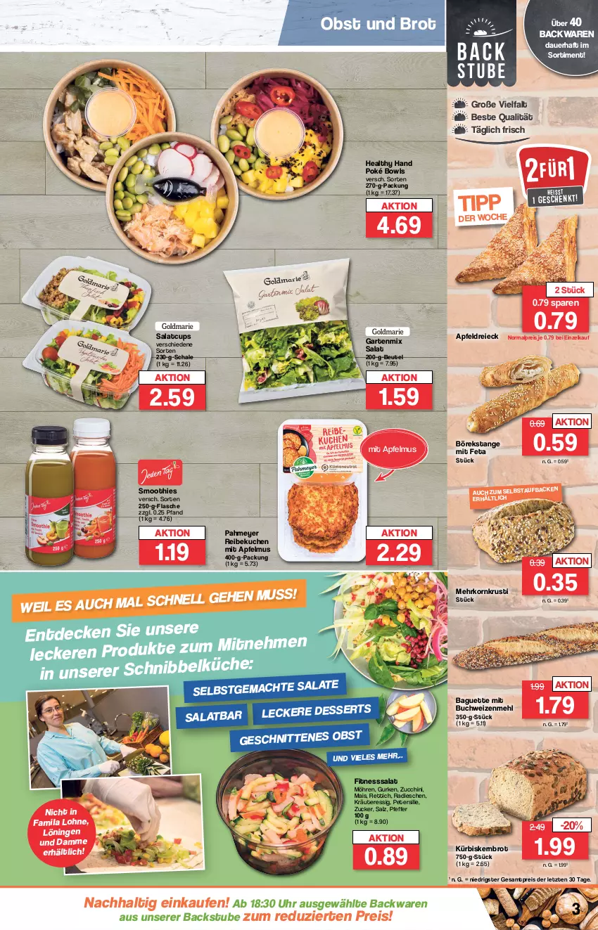 Aktueller Prospekt Famila - Prospekte - von 02.01 bis 06.01.2024 - strona 3 - produkty: apfel, apfelmus, auer, backwaren, baguette, beutel, brot, buch, decke, dessert, desserts, eis, essig, feta, flasche, Garten, gurke, gurken, korn, kräuter, kuchen, Kürbis, mac, mais, mehl, möhren, obst, petersilie, pfeffer, radieschen, reis, Rettich, salat, salz, Schal, Schale, schnitten, smoothie, smoothies, stube, Ti, uhr, weizenmehl, ZTE, zucchini, zucker