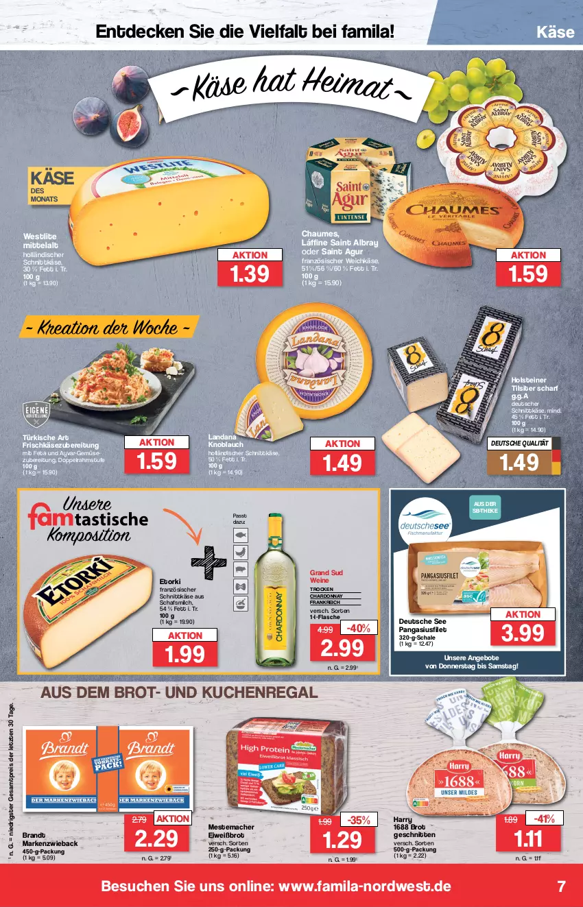 Aktueller Prospekt Famila - Prospekte - von 02.01 bis 06.01.2024 - strona 7 - produkty: albray, angebot, angebote, brandt, brot, chardonnay, chaumes, decke, deutscher schnittkäse, doppelrahmstufe, eis, Eiweißbrot, feta, filet, flasche, französischer weichkäse, frischkäse, frischkäsezubereitung, grand sud, holländischer schnittkäse, holsteiner, Käse, knoblauch, kuchen, mac, Markenzwieback, mestemacher, milch, Pangasius, regal, reis, Saint Agur, saint albray, Schal, Schale, schnitten, schnittkäse, steiner, Ti, Tilsiter, weichkäse, wein, weine, ZTE