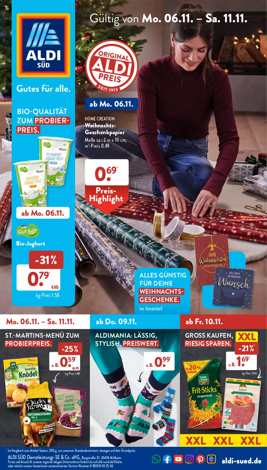 Aktueller Prospekt AldiSud - NÄCHSTE WOCHE - von 06.11 bis 11.11.2023 - strona 1 - produkty: aldi, auto, bier, bio, bio-joghurt, eis, ente, Geschenkpapier, joghur, joghurt, papier, reis, salami, Ti