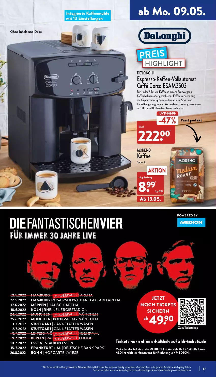 Aktueller Prospekt Aldi Nord - Aldi-Aktuell - von 09.05 bis 14.05.2022 - strona 17 - produkty: aldi, auto, Bank, bohne, bohnen, Brühe, Cap, cappuccino, cin, eis, espresso, Garten, gin, kaffee, kaffeebohnen, Kaffeemühle, medion, Moreno, reis, rwe, tasse, Ti, tisch, wasser, wassertank, ZTE