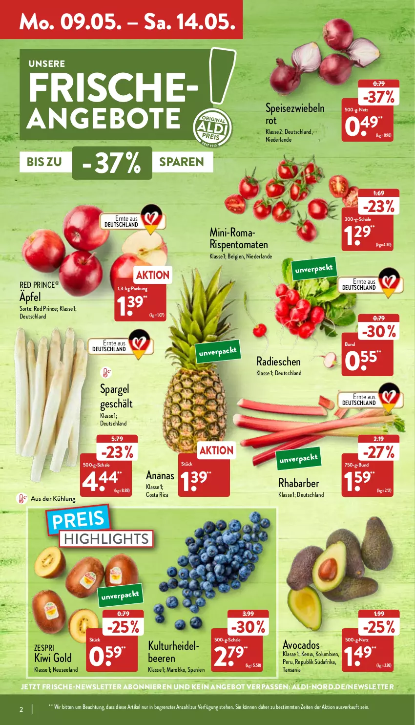 Aktueller Prospekt Aldi Nord - Aldi-Aktuell - von 09.05 bis 14.05.2022 - strona 2 - produkty: aldi, ananas, angebot, angebote, avocado, avocados, beere, beeren, eis, Elan, heidelbeere, heidelbeeren, kiwi, Kiwi Gold, LG, radieschen, reis, rhabarber, rispentomaten, Schal, Schale, spargel, Speisezwiebeln, Ti, tomate, tomaten, zespri, ZTE, zwiebel, zwiebeln