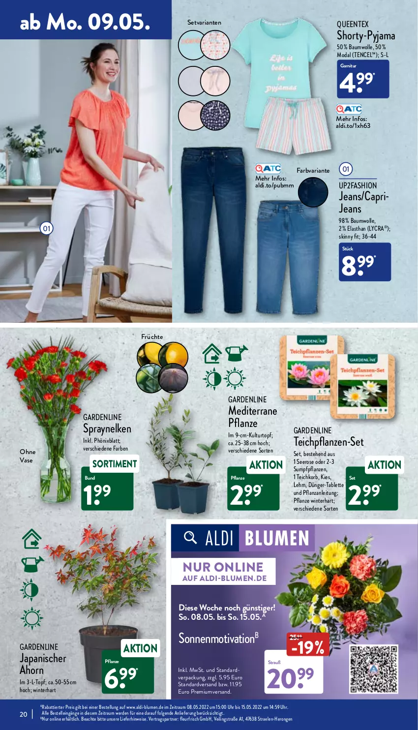 Aktueller Prospekt Aldi Nord - Aldi-Aktuell - von 09.05 bis 14.05.2022 - strona 20 - produkty: aldi, Bau, baumwolle, blume, blumen, Blüte, Brei, Cap, dünger, eis, elle, ente, erde, früchte, garnitur, gin, hero, HP, jeans, korb, kulturtopf, LG, pflanze, pflanzen, Pyjama, Queentex, reis, Ria, shorty, shorty-pyjama, tablet, tablett, Tablette, Ti, topf, uhr, up2fashion, Vase, wolle