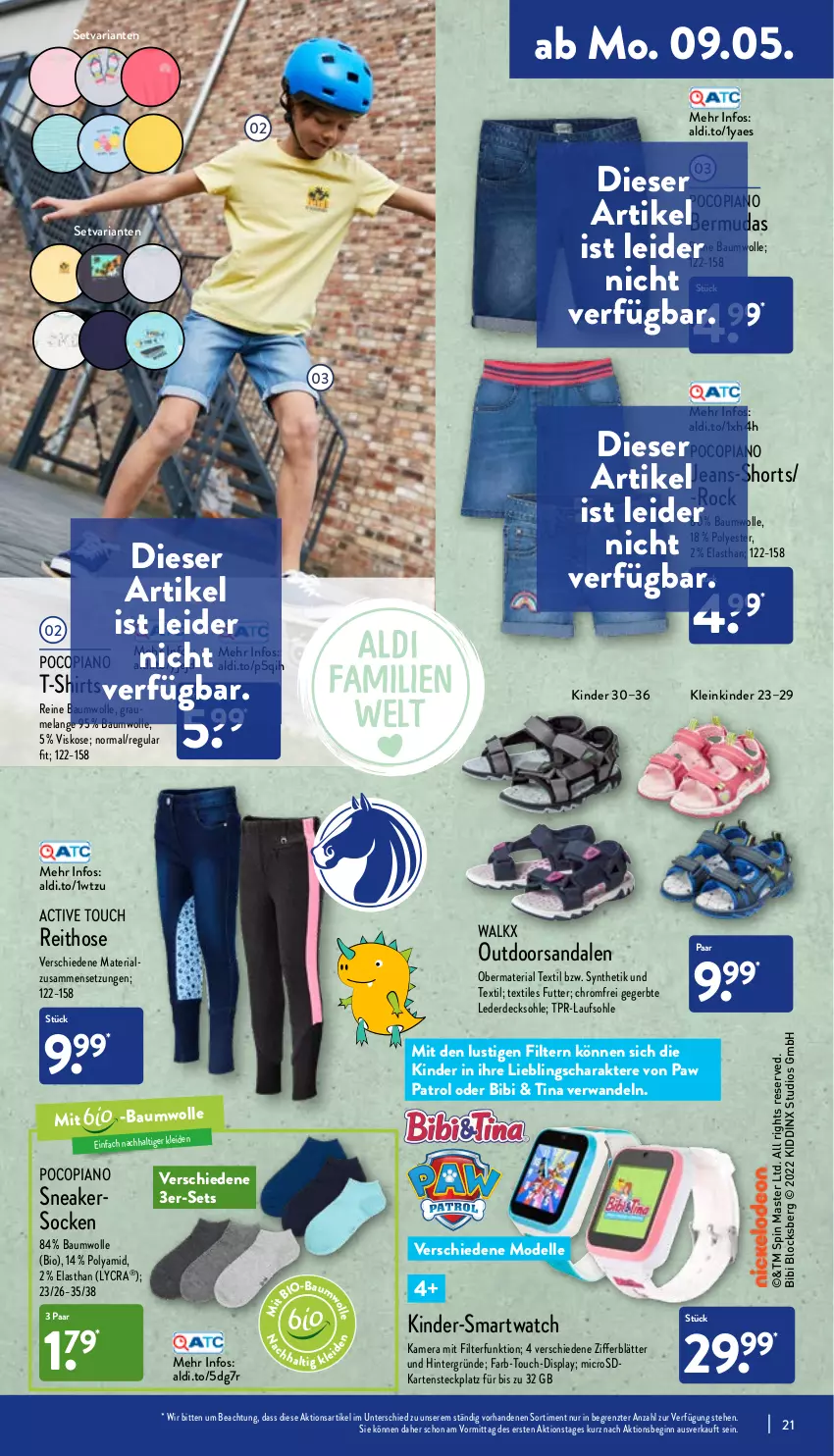 Aktueller Prospekt Aldi Nord - Aldi-Aktuell - von 09.05 bis 14.05.2022 - strona 21 - produkty: active touch, aldi, Bau, baumwolle, bermuda, bermudas, bio, decksohle, dell, Elan, elle, erde, gin, hose, jeans, kamera, Kinder, kleid, Lusti, microsd, Mode, Paw Patrol, pocopiano, reine baumwolle, Ria, sandale, sandalen, shirt, shirts, shorts, smartwatch, sneaker, sneakersocken, socken, T-Shirt, Ti, walkx, wolle, ZTE