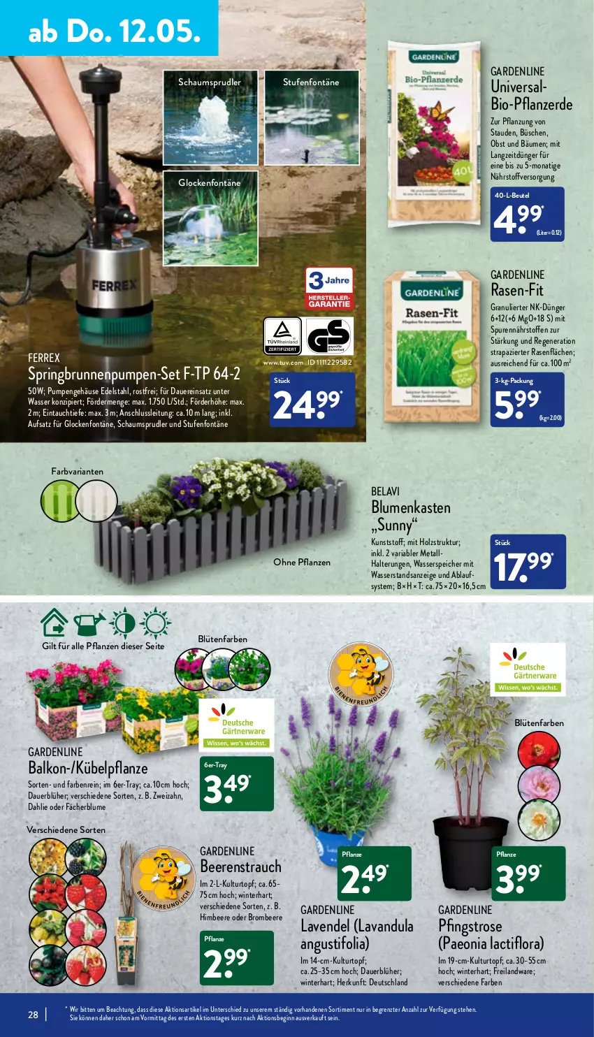 Aktueller Prospekt Aldi Nord - Aldi-Aktuell - von 09.05 bis 14.05.2022 - strona 28 - produkty: auer, beere, beeren, beutel, bio, blume, blumen, Blüte, Brei, brombeere, brunnen, dahlie, dünger, edelstahl, erde, ferrex, gin, himbeer, himbeere, Holz, kulturtopf, lavendel, monati, obst, pflanze, pflanzen, pflanzerde, rasen, Rauch, Ria, ring, senf, stauden, Ti, topf, wasser, ZTE