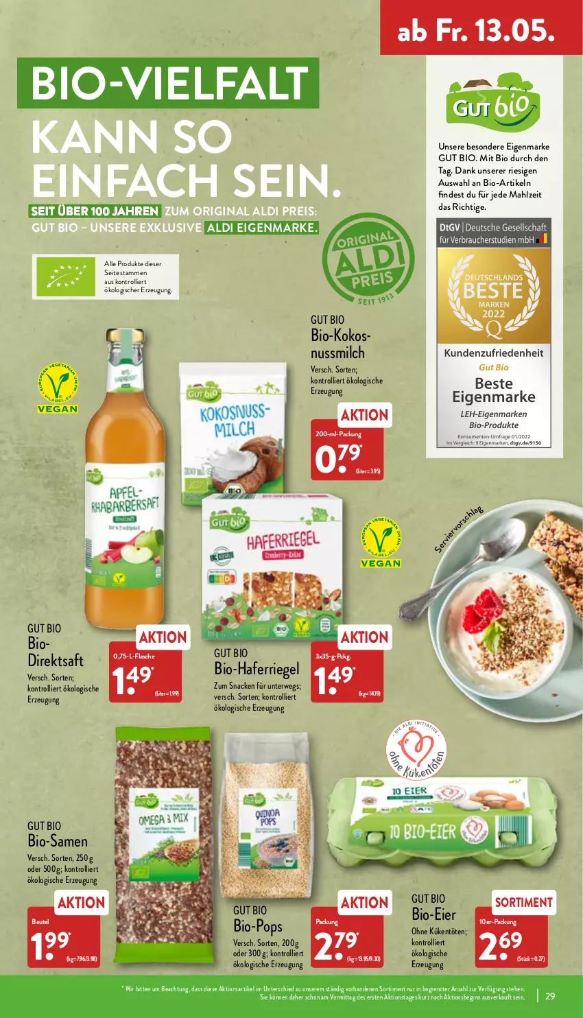 Aktueller Prospekt Aldi Nord - Aldi-Aktuell - von 09.05 bis 14.05.2022 - strona 29 - produkty: aldi, beutel, bio, direktsaft, eier, eis, flasche, gin, hafer, kokos, kokosnuss, Kokosnussmilch, milch, nuss, reis, riegel, rwe, saft, snack, Ti, trolli, ZTE