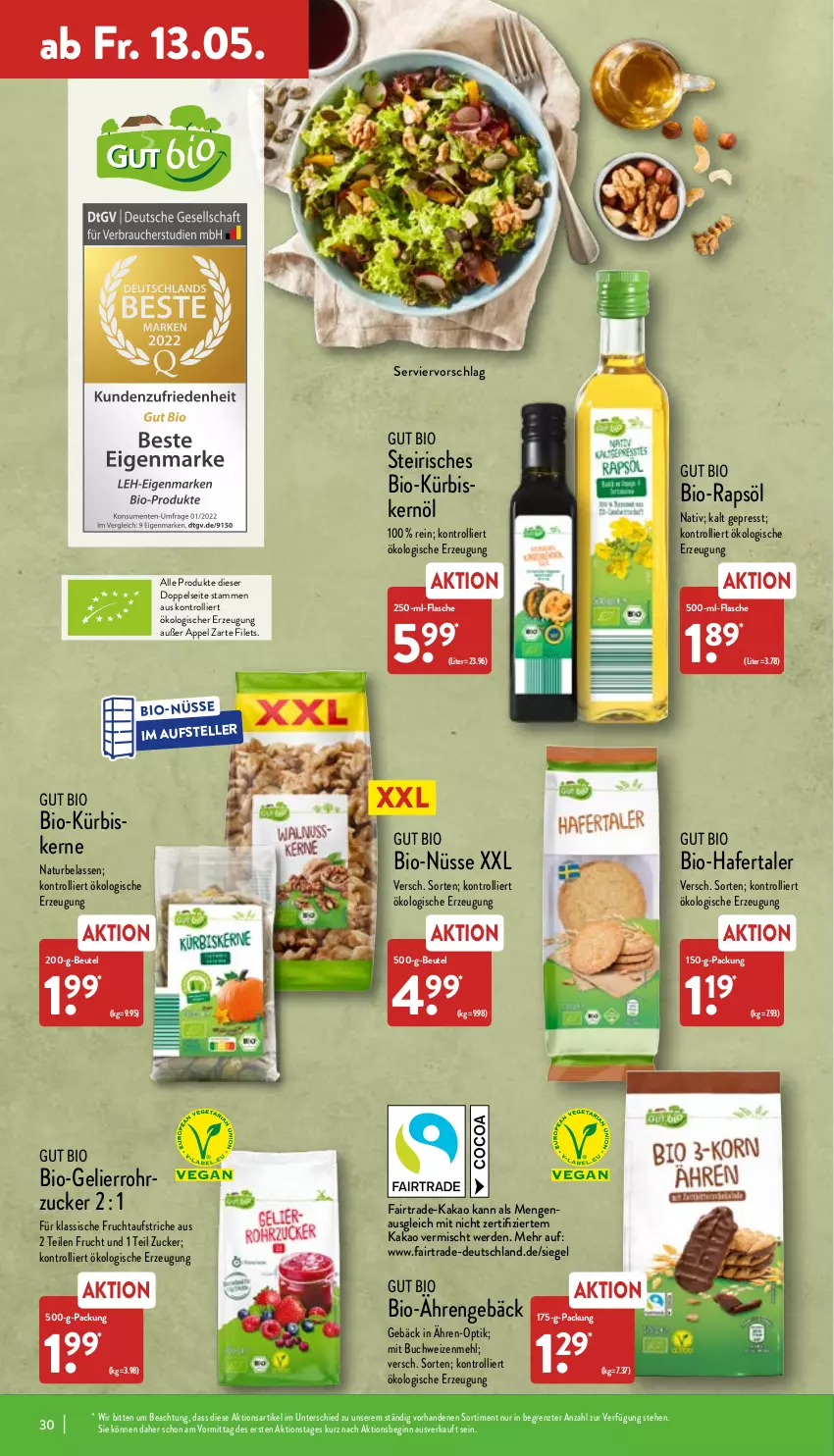 Aktueller Prospekt Aldi Nord - Aldi-Aktuell - von 09.05 bis 14.05.2022 - strona 30 - produkty: aufstrich, beutel, bio, buch, elle, erde, filet, filets, flasche, frucht, fruchtaufstrich, gin, hafer, kakao, Kürbis, kürbiskerne, Kürbiskernöl, mehl, natur, rapsöl, rohrzucker, teller, Ti, trolli, weizenmehl, ZTE, zucker