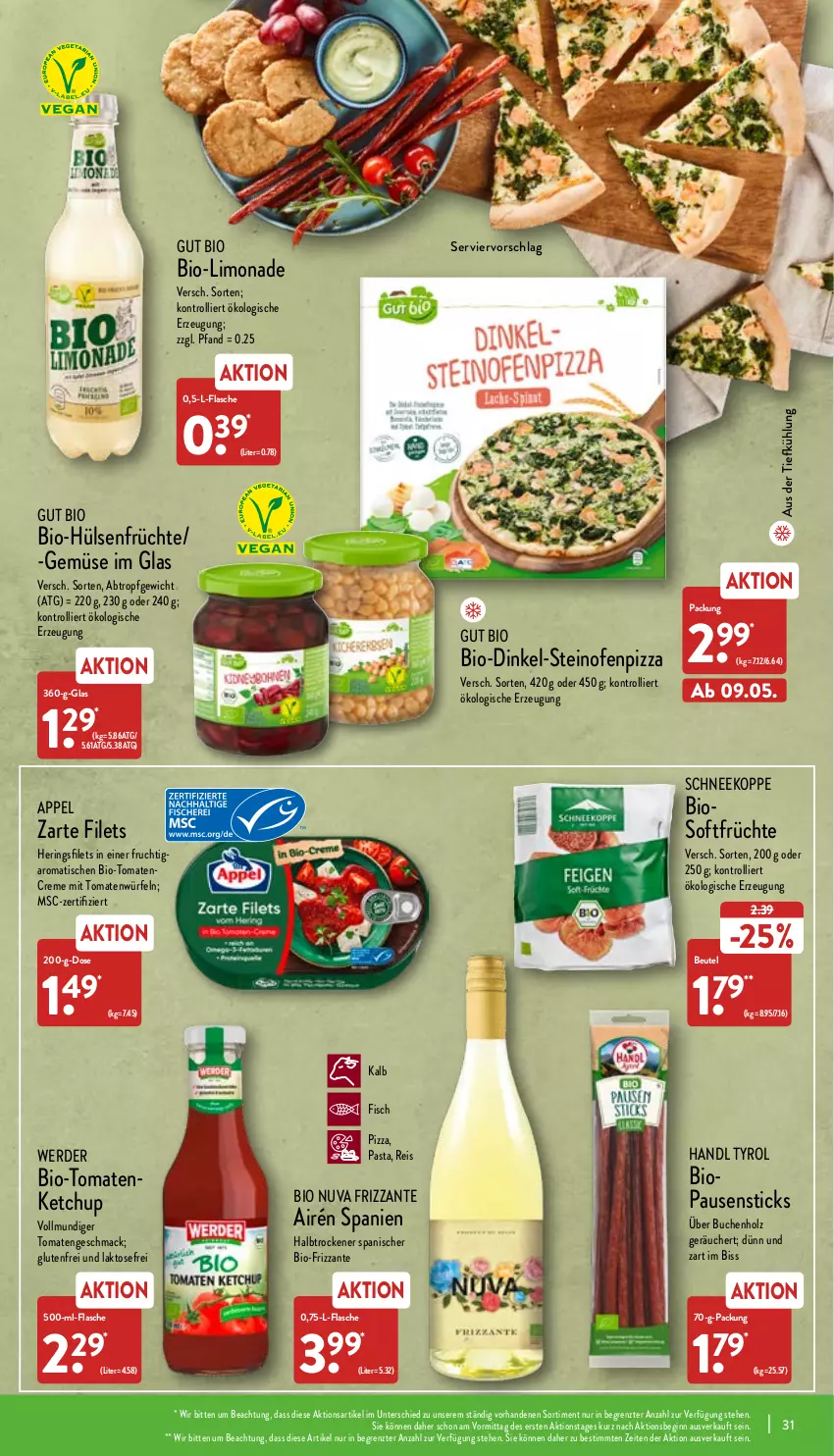 Aktueller Prospekt Aldi Nord - Aldi-Aktuell - von 09.05 bis 14.05.2022 - strona 31 - produkty: aus der tiefkühlung, beutel, bio, buch, creme, eis, erde, filet, filets, fisch, flasche, frizzante, frucht, früchte, gin, hering, Herings, heringsfilets, Holz, hülsenfrüchte, ketchup, limo, limonade, mac, Ofen, pasta, pizza, reis, ring, senf, steinofen, Ti, tisch, tomate, tomaten, tomatenketchup, trolli, würfel, ZTE