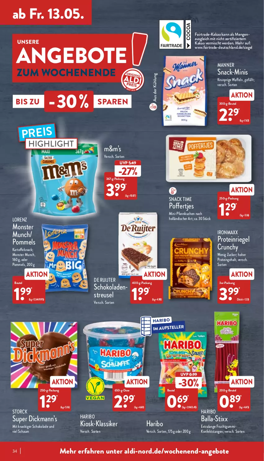 Aktueller Prospekt Aldi Nord - Aldi-Aktuell - von 09.05 bis 14.05.2022 - strona 34 - produkty: aldi, angebot, angebote, ball, beutel, eis, elle, erde, frucht, fruchtgummi, haribo, kakao, kartoffel, kuchen, lorenz, Manner, monster, Pfannkuchen, Poffertjes, Pommels, reis, riegel, schoko, schokolade, schokoladen, snack, snack time, storck, teller, Ti, waffeln, zucker