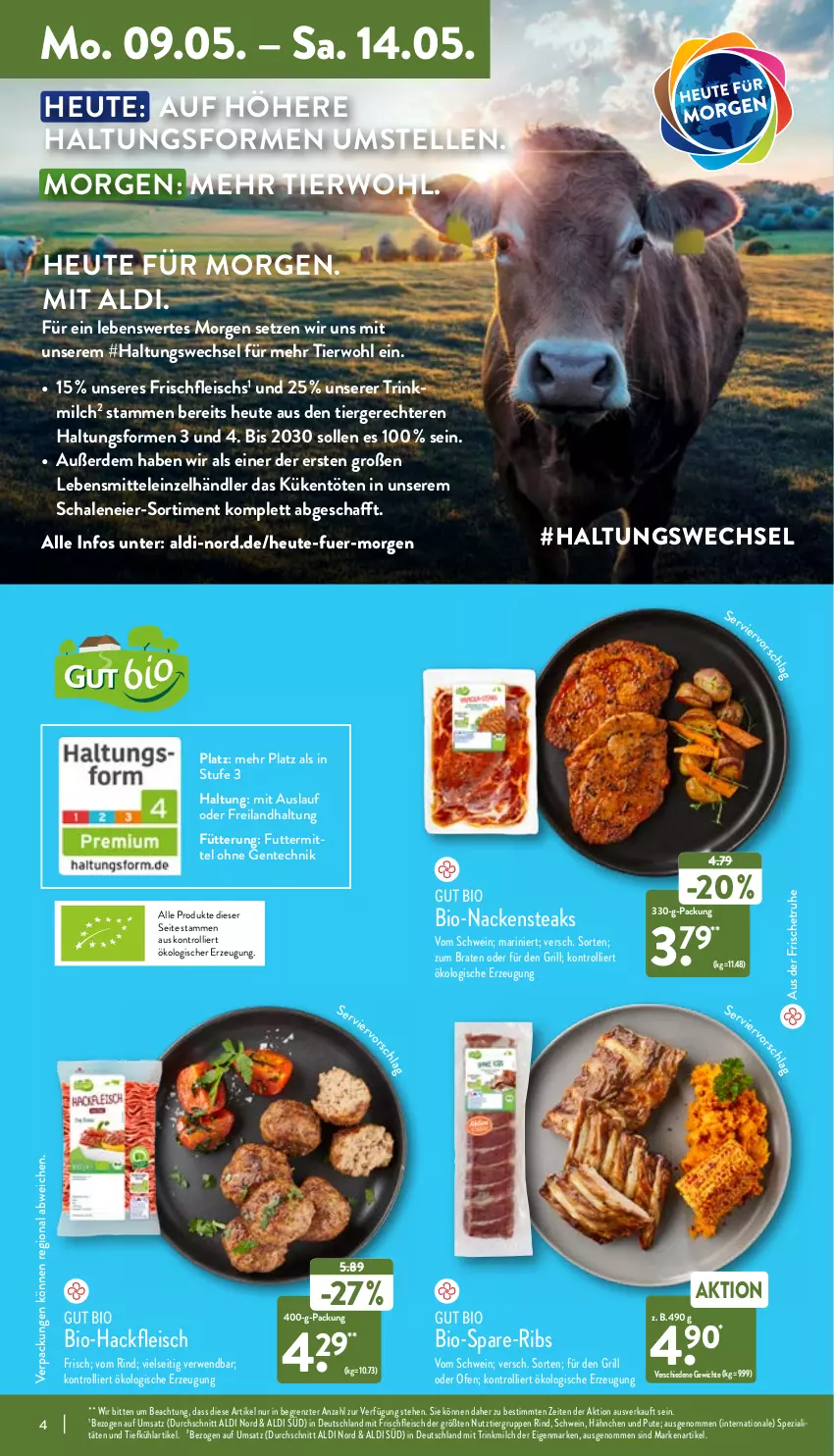 Aktueller Prospekt Aldi Nord - Aldi-Aktuell - von 09.05 bis 14.05.2022 - strona 4 - produkty: aldi, bio, Bio-Hackfleisch, braten, eier, eis, elle, ente, erde, fleisch, grill, gsw, hackfleisch, Heu, lebensmittel, milch, Nackensteak, nackensteaks, Ofen, pute, rind, rwe, Schal, Schale, schwein, Spezi, steak, steaks, Ti, trolli, wein, ZTE