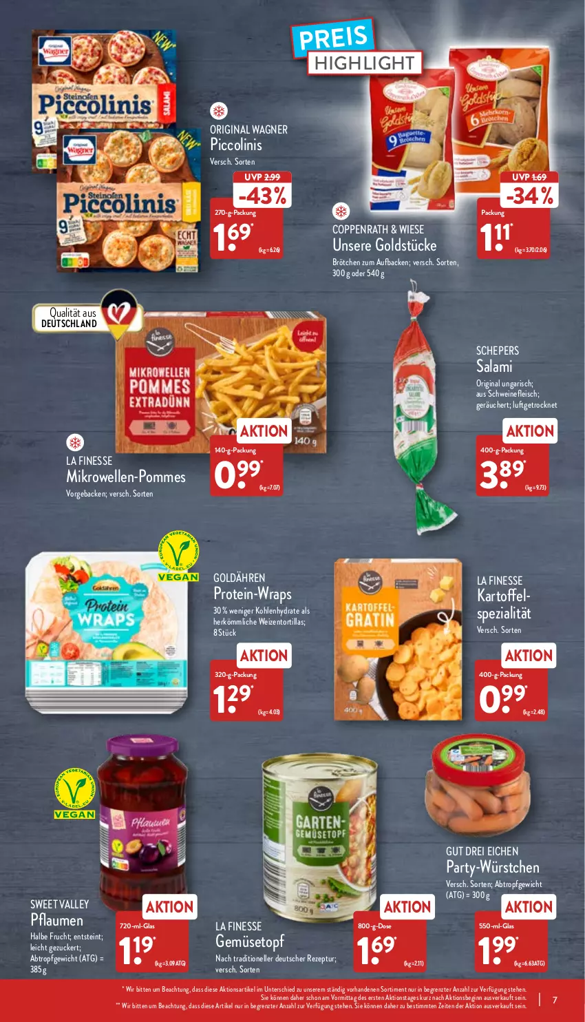 Aktueller Prospekt Aldi Nord - Aldi-Aktuell - von 09.05 bis 14.05.2022 - strona 7 - produkty: brötchen, coppenrath, eis, elle, finesse, fleisch, frucht, geback, gin, Goldstücke, kartoffel, mikrowelle, original wagner, pflaume, pflaumen, piccolinis, pommes, reis, rezept, salami, schwein, schweine, schweinefleisch, Spezi, Ti, topf, tortilla, tortillas, wagner, wein, weine, wrap, wraps, würstchen, ZTE, zucker