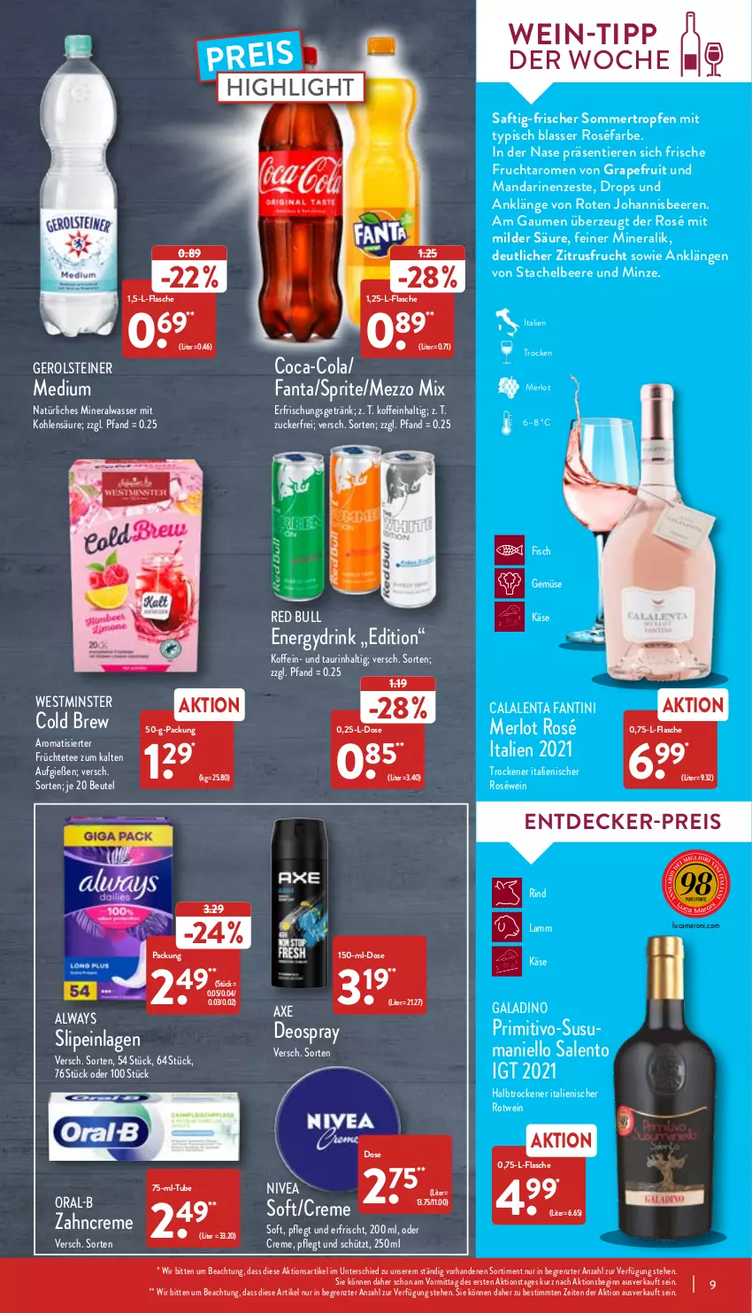 Aktueller Prospekt Aldi Nord - Aldi-Aktuell - von 09.05 bis 14.05.2022 - strona 9 - produkty: Alwa, Always, amaro, axe, beere, beeren, beutel, coca-cola, cola, creme, decke, deo, deospray, drink, eis, erfrischungsgetränk, fanta, fisch, flasche, frucht, früchte, Früchtetee, gerolsteine, gerolsteiner, getränk, gin, grapefruit, johannisbeere, Johannisbeeren, Käse, lamm, mandarine, mandarinen, merl, merlot, Mezzo Mix, mineralwasser, minze, natürliches mineralwasser, nivea, oral-b, primitivo, red bull, reis, rind, roséwein, rotwein, saft, slip, slipeinlagen, sprite, steiner, tee, Ti, Tiere, wasser, wein, zahncreme, ZTE, zucker