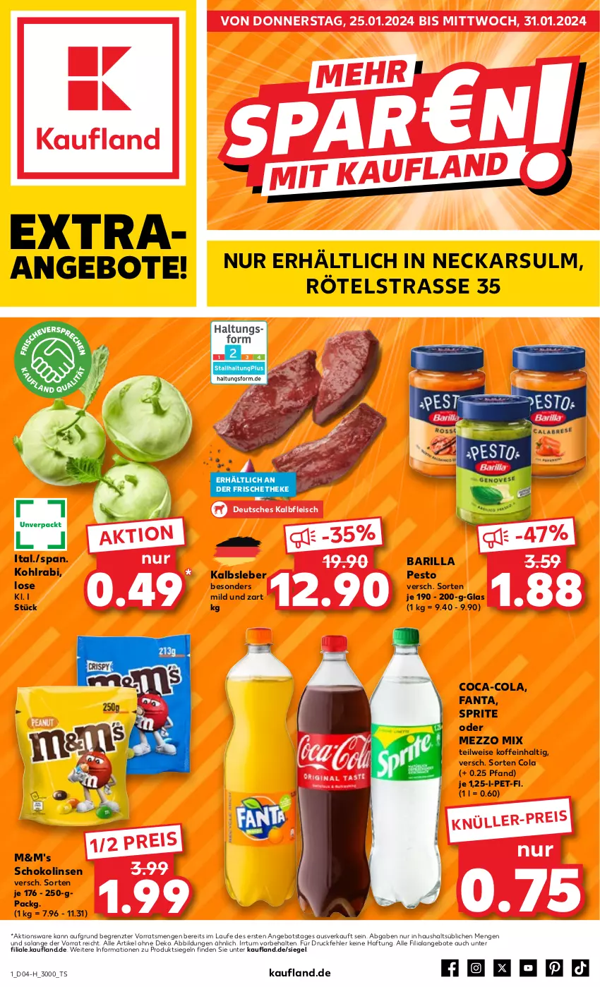 Aktueller Prospekt Kaufland - Extra-Angebote - von 25.01 bis 31.01.2024 - strona 1 - produkty: angebot, angebote, barilla, coca-cola, cola, eis, fanta, fleisch, Kalbfleisch, Kalbsleber, kohlrabi, linsen, Mezzo Mix, pesto, reis, schoko, Schokolinsen, sprite, Ti, ZTE