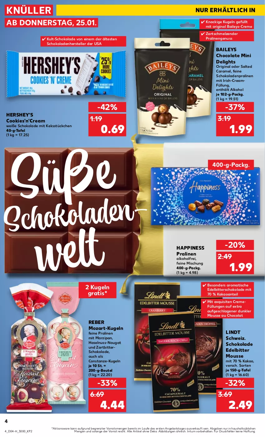 Aktueller Prospekt Kaufland - Extra-Angebote - von 25.01 bis 31.01.2024 - strona 4 - produkty: alkohol, angebot, baileys, beutel, caramel, cola, cookie, cookies, creme, elle, gin, haselnuss, kakao, keks, Kugel, lindt, marzipan, mousse, Mousse au Chocolat, nuss, pralinen, schoko, schokolade, schokoladen, teller, Ti, tisch, Weiße Schokolade, Zartbitterschokolade, ZTE