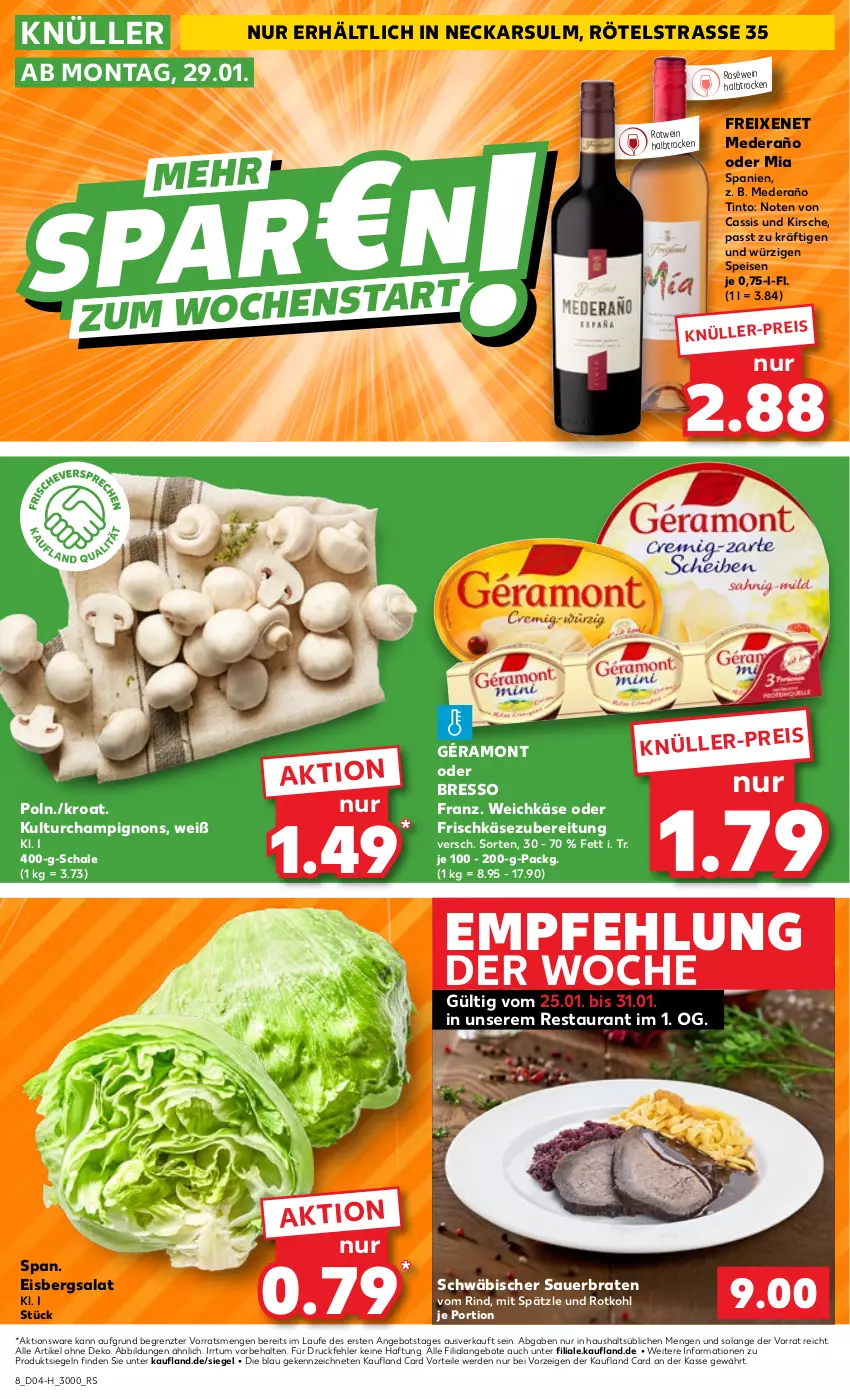 Aktueller Prospekt Kaufland - Extra-Angebote - von 25.01 bis 31.01.2024 - strona 8 - produkty: angebot, angebote, auer, braten, bresso, cassis, champignon, champignons, eis, eisbergsalat, erde, freixenet, frischkäse, frischkäsezubereitung, géramont, Käse, kirsch, kirsche, rind, roséwein, rotkohl, rotwein, salat, Schal, Schale, Ti, weichkäse, wein, ZTE