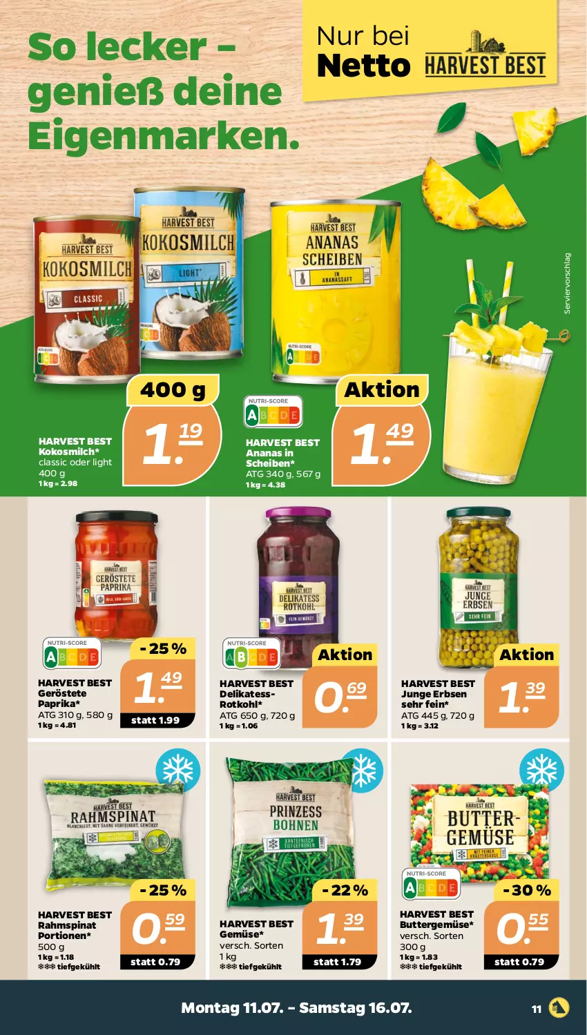 Aktueller Prospekt Netto - Woche 28 - von 11.07 bis 16.07.2022 - strona 11 - produkty: ananas, butter, erbsen, junge erbsen, kokos, kokosmilch, milch, paprika, rotkohl, spinat, Ti