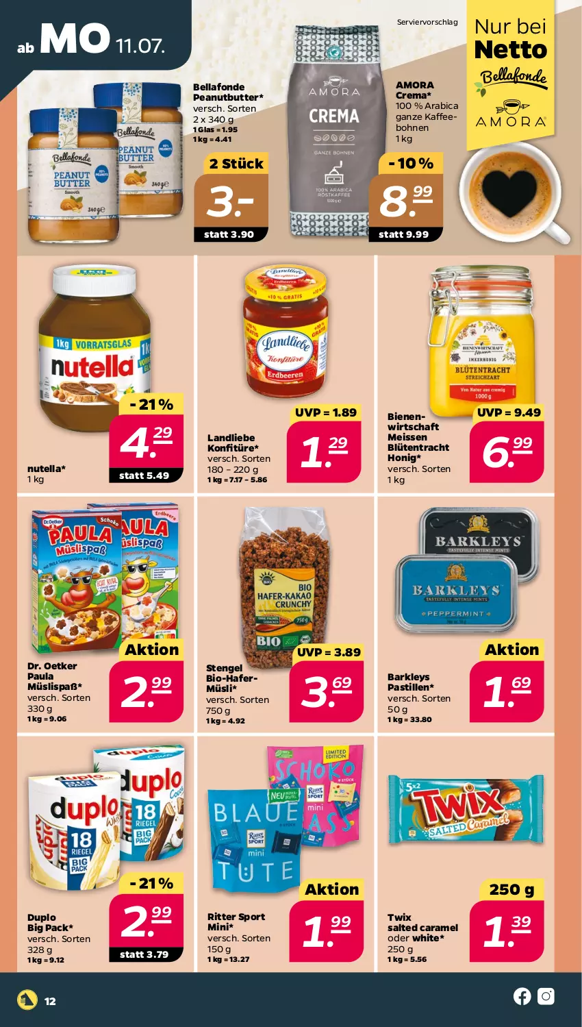 Aktueller Prospekt Netto - Woche 28 - von 11.07 bis 16.07.2022 - strona 12 - produkty: asti, bio, Blüte, bohne, bohnen, butter, caramel, Dr. Oetker, duplo, eis, Engel, hafer, honig, kaffee, kaffeebohnen, konfitüre, landliebe, müsli, nutella, Paula, ritter, ritter sport, Sport, Ti, twix