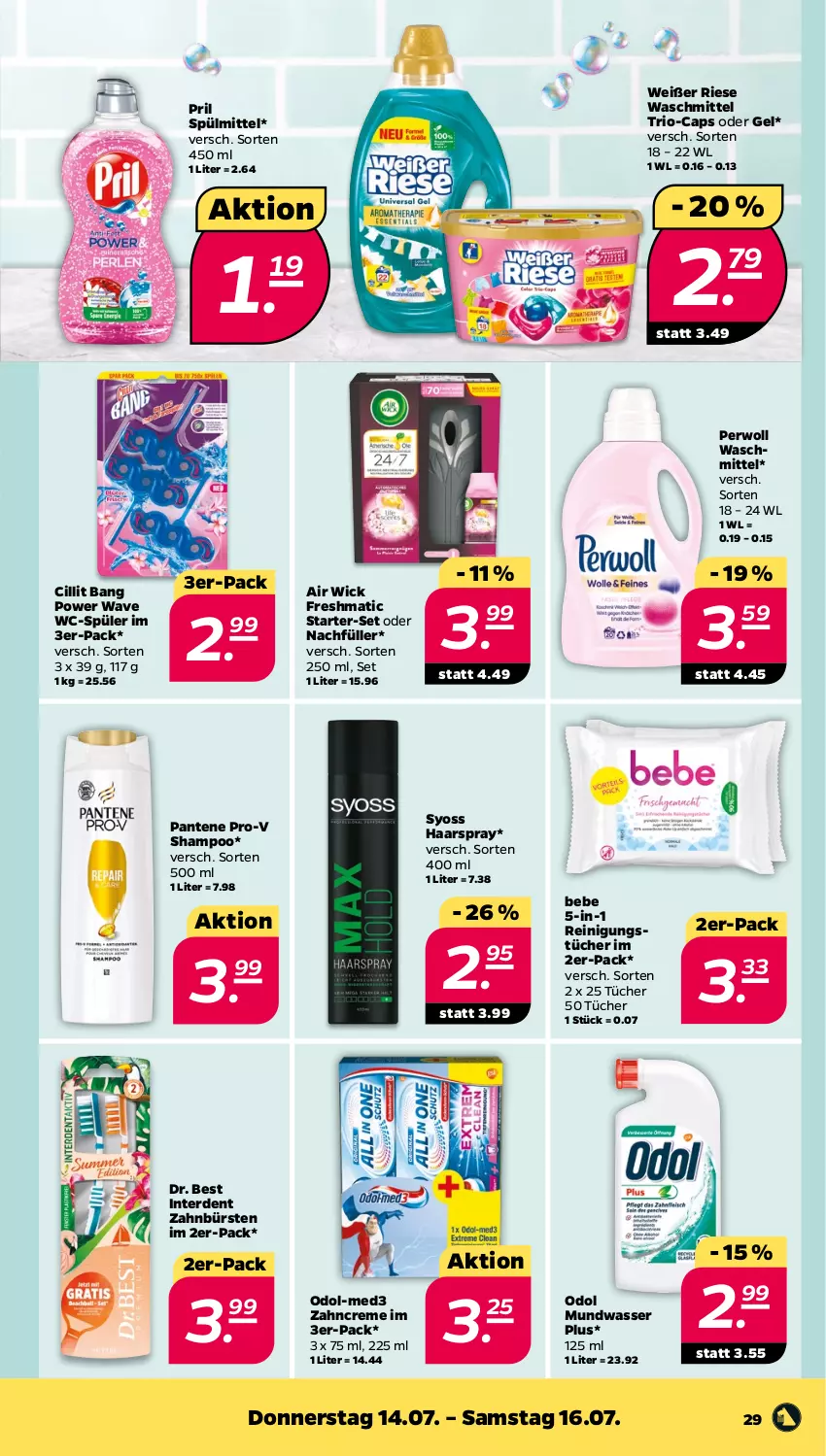 Aktueller Prospekt Netto - Woche 28 - von 11.07 bis 16.07.2022 - strona 29 - produkty: Air Wick, Bebe, bürste, bürsten, Cap, Cillit, cillit bang, creme, Dr. Best, erde, haarspray, mundwasser, Odol, pantene, pantene pro-v, perwoll, pril, pro-v, Reinigung, reinigungstücher, shampoo, spülmittel, syoss, Ti, tücher, waschmittel, wasser, WICK, Yo, zahnbürste, zahnbürsten, zahncreme