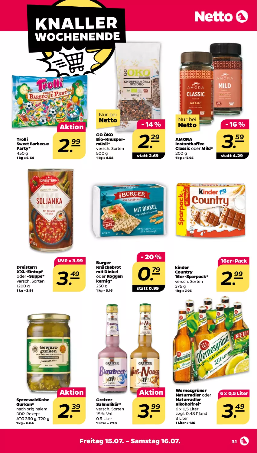 Aktueller Prospekt Netto - Woche 28 - von 11.07 bis 16.07.2022 - strona 31 - produkty: alkohol, barbecue, bio, brot, burger, dreistern, eintopf, eis, gin, gurke, gurken, instantkaffee, kaffee, Kinder, kinder country, knäckebrot, Knuspermüsli, likör, müsli, natur, radler, reis, rezept, sahne, suppe, Ti, topf, trolli