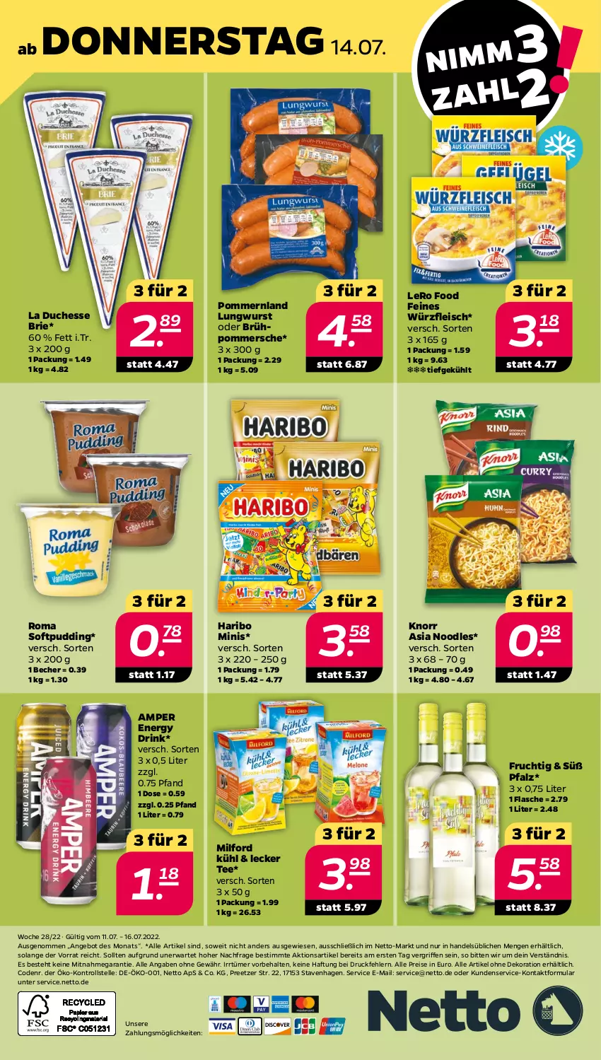 Aktueller Prospekt Netto - Woche 28 - von 11.07 bis 16.07.2022 - strona 32 - produkty: alle artikel ohne dekoration, angebot, Becher, brie, dekoration, drink, eis, elle, energy drink, flasche, fleisch, frucht, haribo, HP, knorr, milford, Pommersche, pudding, reis, tee, Ti, wurst