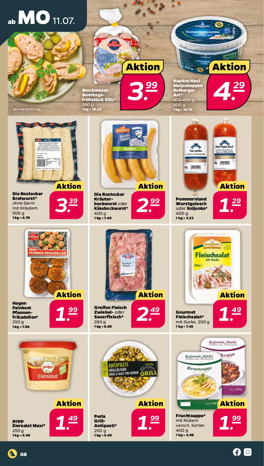 Aktueller Prospekt Netto - Woche 28 - von 11.07 bis 16.07.2022 - strona 8 - produkty: antipasti, asti, auer, Berger, bockwurst, bratwurst, dell, eier, eiersalat, eis, elle, feinkost, fleisch, fleischsalat, frikadellen, frucht, grill, gulasch, gurke, kapitan navi, Käse, kräuter, kräutern, matjes, perla, pfanne, pfannen, Popp, reifen, Rostocker, salat, stockmeyer, suppe, Ti, wurst, zwiebel