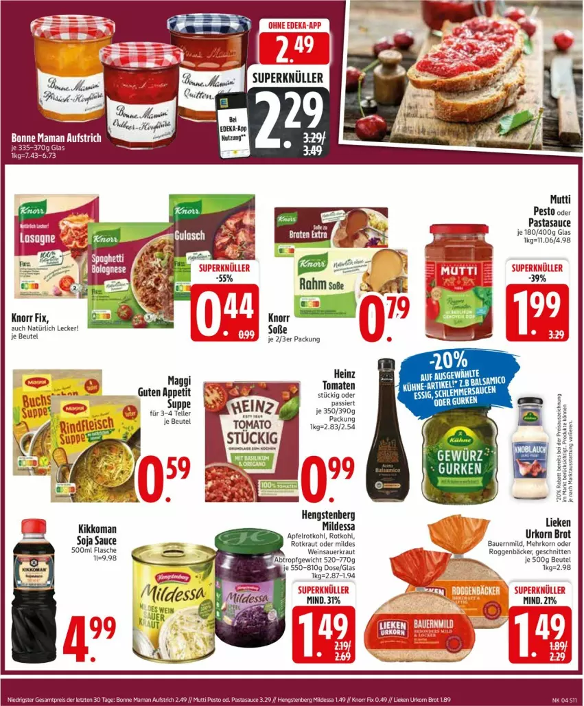 Aktueller Prospekt Edeka - Prospekte - von 20.01 bis 25.01.2025 - strona 13 - produkty: apfel, auer, Bau, Bauer, beutel, bonne maman, brot, buch, flasche, heinz, hengstenberg, kikkoman, knorr, knorr fix, korn, Kraut, lieken, mam, Mutti, pasta, pesto, rotkohl, sauce, Sauerkraut, schnitten, soja, Soße, Ti, tomate, tomaten, urkorn, wein, Weinsauerkraut, ZTE