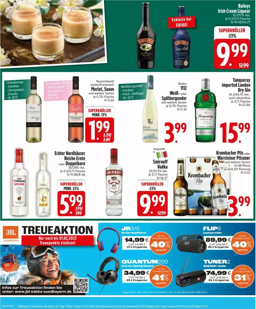 Aktueller Prospekt Edeka - Prospekte - von 20.01 bis 25.01.2025 - strona 22 - produkty: beere, beeren, bett, Betten, burgunder, deka, doppelkorn, dry gin, eis, flasche, gin, jbl, korn, krombache, krombacher, krombacher pils, merl, merlot, pils, pilsener, snack, snacks, spätburgunder, steiner, Tanqueray, Ti, vodka, warsteiner