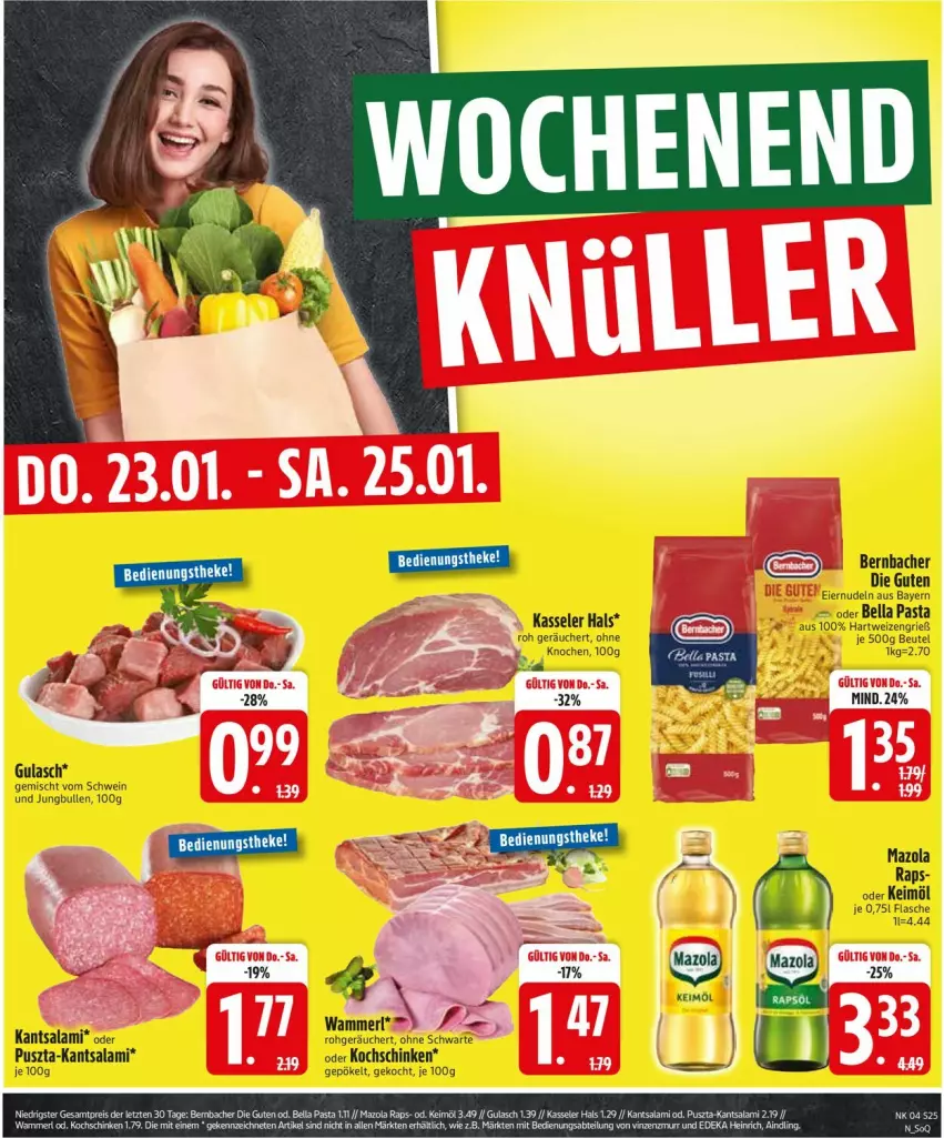 Aktueller Prospekt Edeka - Prospekte - von 20.01 bis 25.01.2025 - strona 27 - produkty: bernbacher, beutel, eier, eiernudeln, flasche, gulasch, hartweizen, jungbullen, kasseler, keimöl, kochschinken, mazola, merl, nudel, nudeln, pasta, salami, schinken, schwein, wein