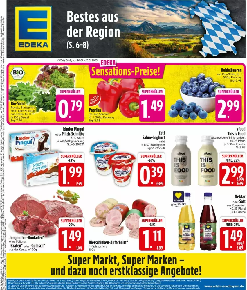 Aktueller Prospekt Edeka - Prospekte - von 20.01 bis 25.01.2025 - strona 3 - produkty: angebot, angebote, aufschnitt, Becher, beutel, bier, bierschinken, blattspinat, braten, cola, flasche, gulasch, joghur, joghurt, jungbullen, Kinder, kinder pingui, milch, milch-schnitte, Nektar, paprika, pingui, rouladen, rucola, saft, sahne, salat, schinken, spinat, Ti, zott