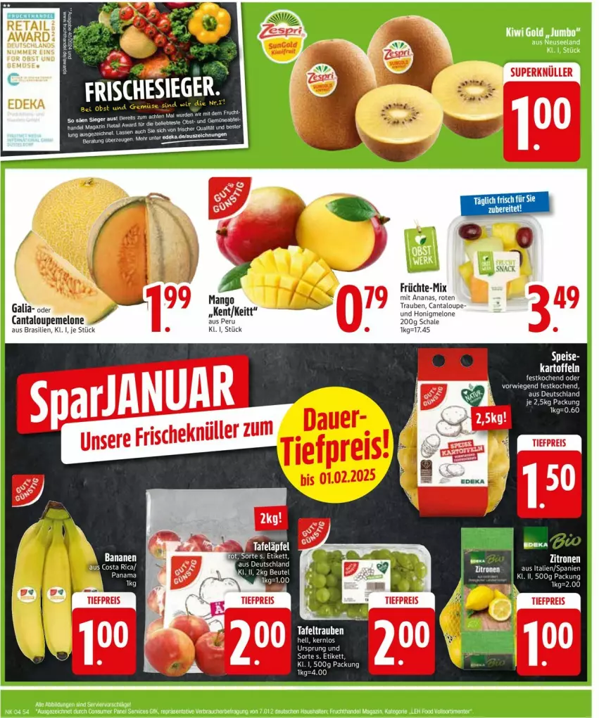 Aktueller Prospekt Edeka - Prospekte - von 20.01 bis 25.01.2025 - strona 6 - produkty: ananas, banane, bananen, frucht, früchte, hama, jumbo, kiwi, Kiwi Gold, magazin, mango, melone, Rauch, Schal, Schale, tee, Ti, trauben